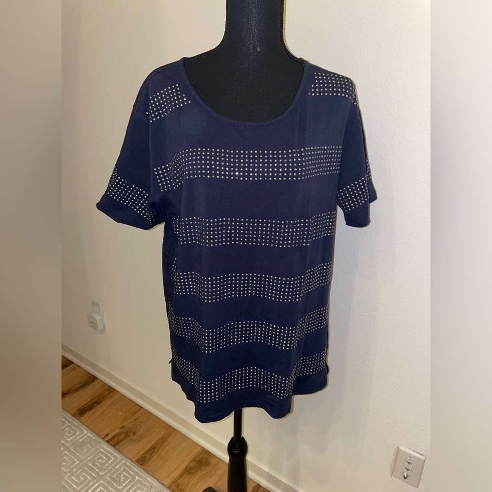 Ellen Tracy Silver Sequin Striped Navy T-Shirt - Size L